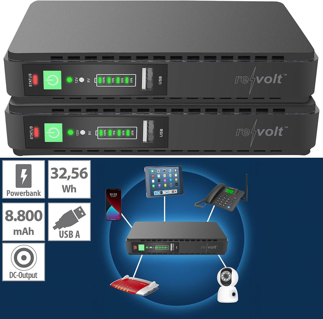 revolt Mini USV: Mini-UPS f. unterbrechungsfr. Stromvers., 8.800 mAh, USB/DC, 2er-Set (USV-Notstromv
