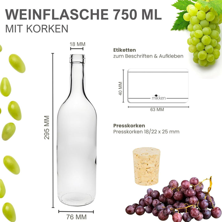 mikken 6 Glasflaschen 750ml mit Korken und Beschriftungsetiketten