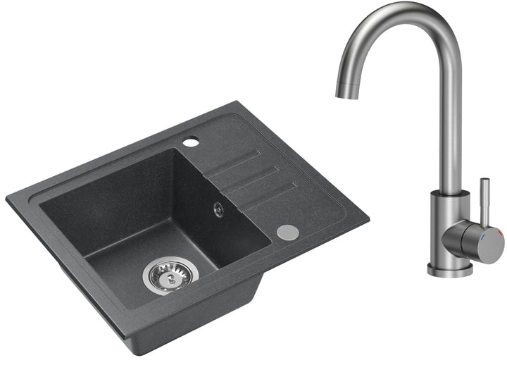 VBChome Spülbecken Granit Schwarz mit Armatur 55 x 44 cm Einzelbecken Einbauspüle Gesprenkelt Revers