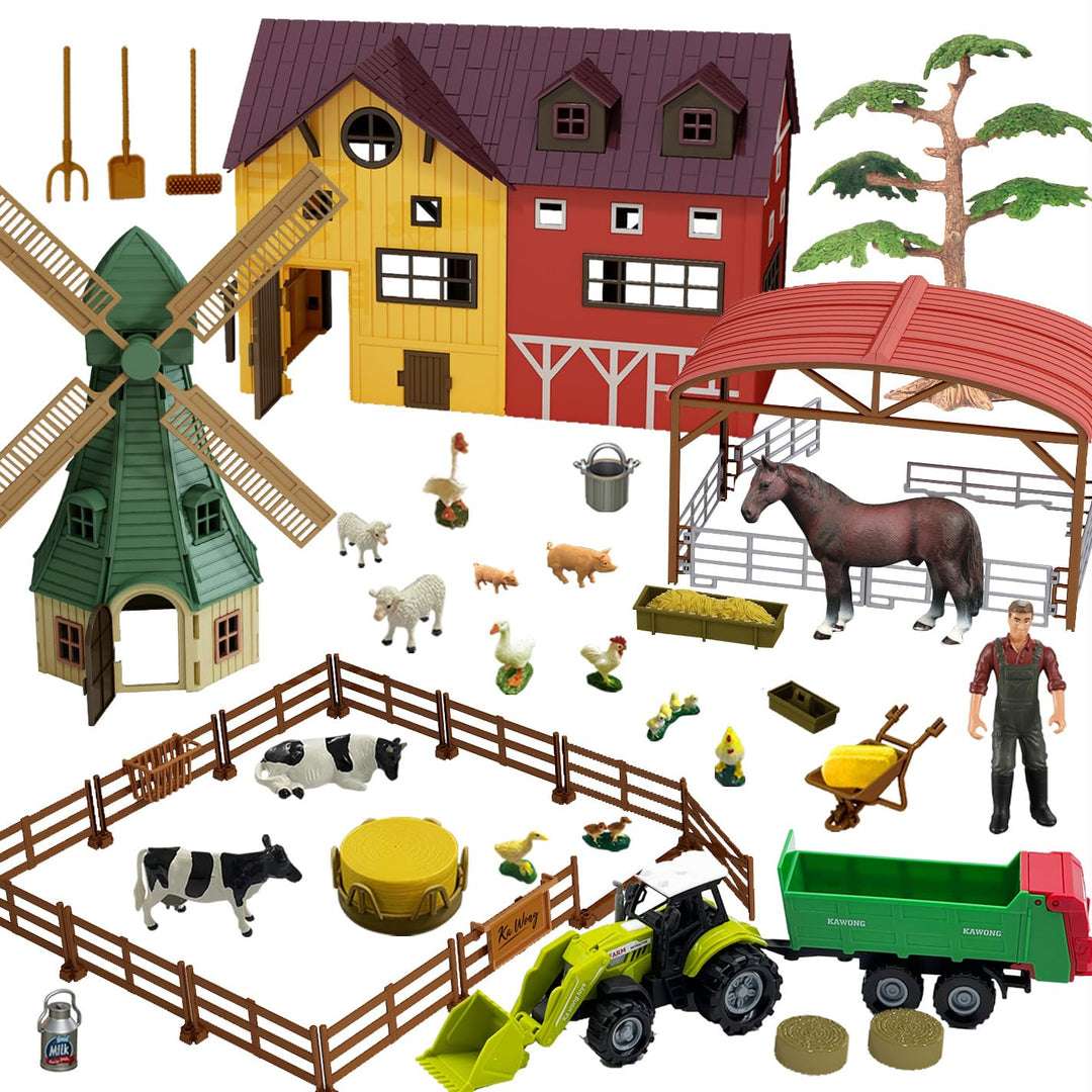 Hyrenee Bauernhof Tiere Spielzeug Set mit Windmühle Haus Pferd Stall Traktor Anhänger Tierfiguren La