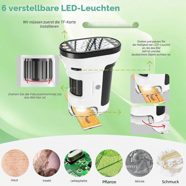 Auveach 3-in-1 Mikroskop für Kinder 1000X, USB Tragbares Digitales Mikroskop mit 2,0" Bildschirm - W