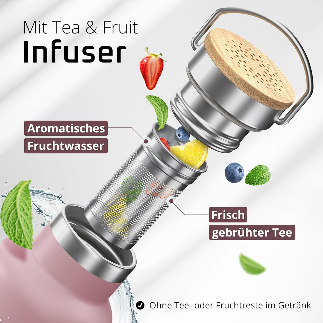 Trinkflasche Edelstahl mit Strohhalm, Infuser + 3 Deckel: BPA-frei, Auslaufsicher, Kohlensäure geeig