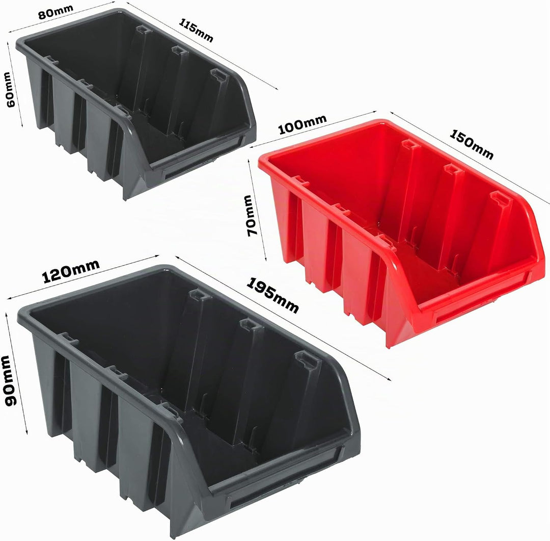 botle® 26 Stapelboxen + Wandregal + Werkzeughalter 26 Box erweiterbar Sichtlagerkästen Schüttenregal