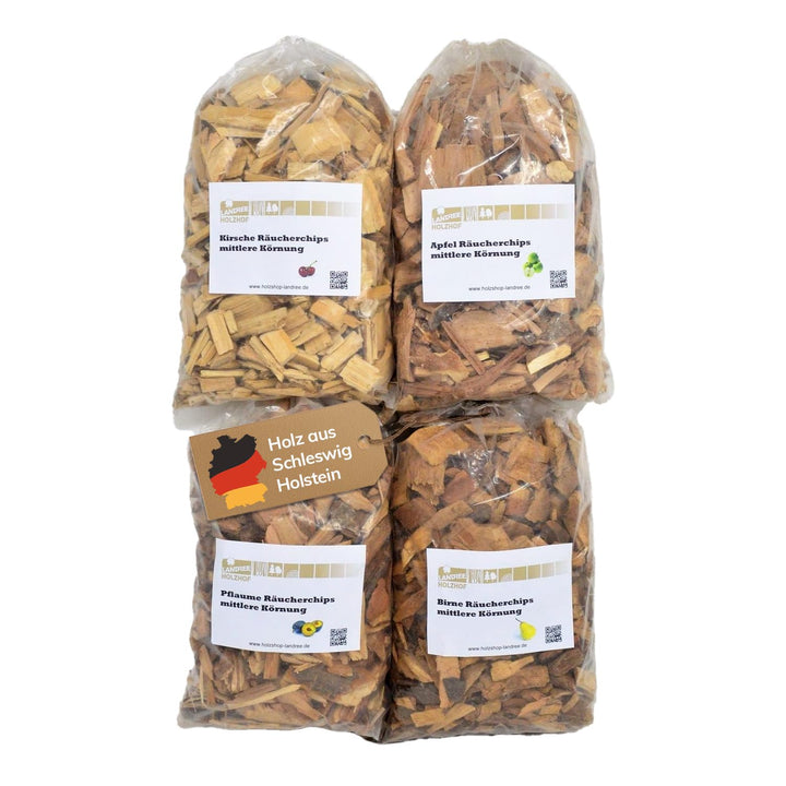 Landree® Starter-Set Räucherchips Kirsche, Apfel, Birne, Pflaume - 4 x 2 Liter -Altes Land- Wood Chi