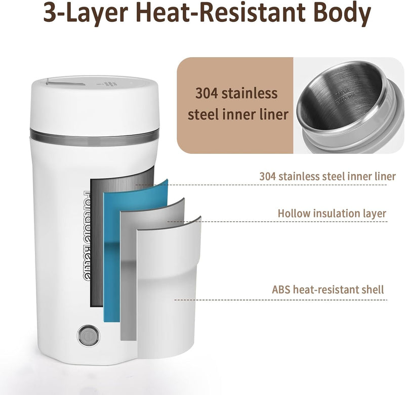 Reise Wasserkocher Klein Elektrische Wassertasse 500ML Tragbarer Mini-Heizbecher 304 Edelstahl Liner