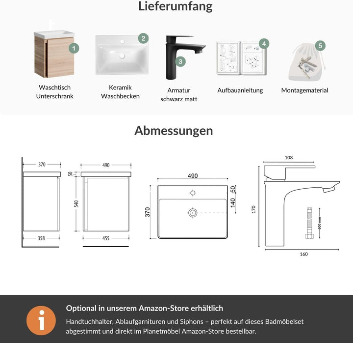 Planetmöbel Waschtisch mit Unterschrank 50 cm inkl. Waschtischarmatur schwarz, Badmöbel Set mit Wasc