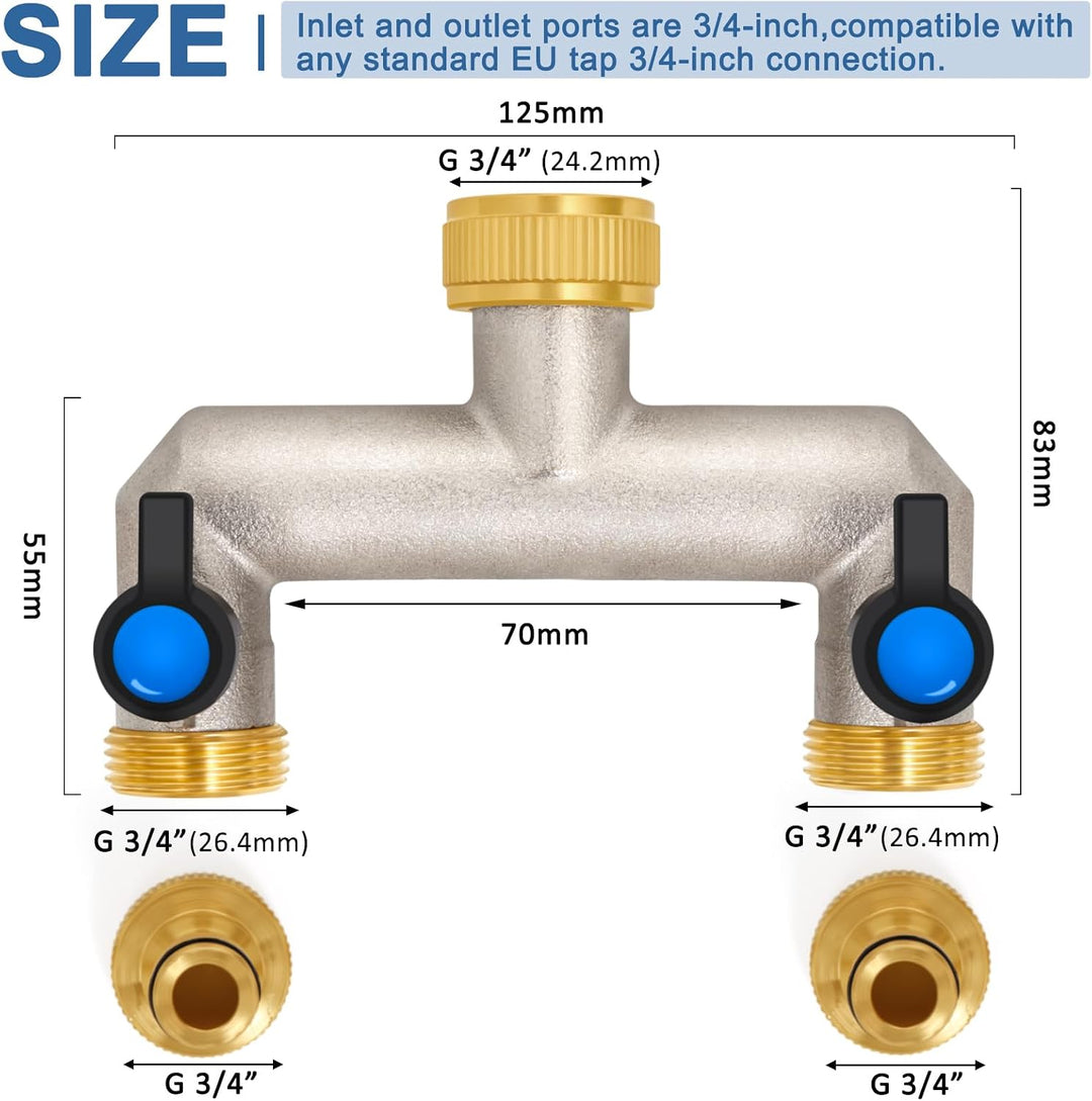 2-Wege Wasserhahn Wasserverteiler aus Messing für 2 Geräte/Gartenschläuche, 2er Verteiler 3/4" Adapt