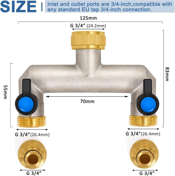 2-Wege Wasserhahn Wasserverteiler aus Messing für 2 Geräte/Gartenschläuche, 2er Verteiler 3/4" Adapt