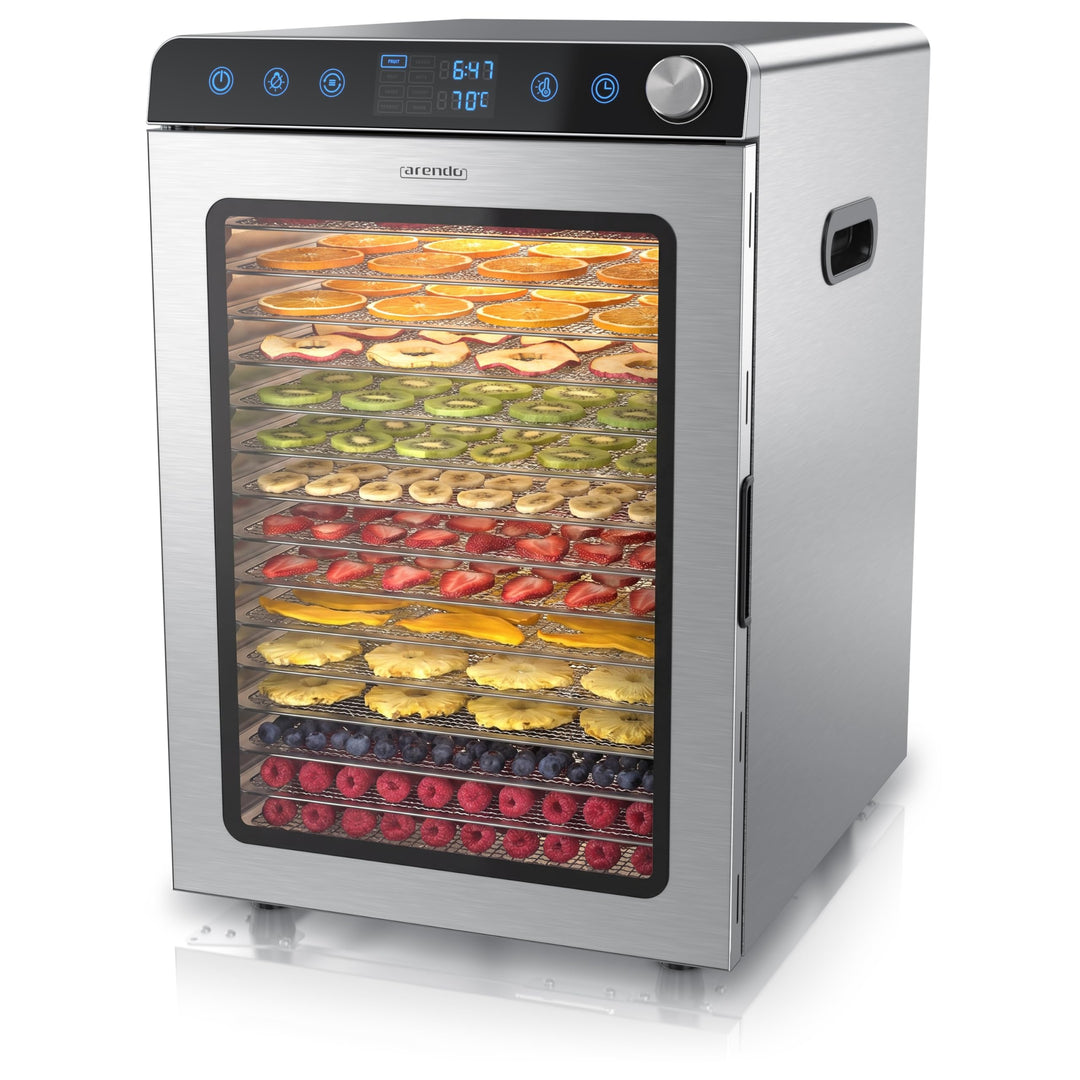 Arendo - Dörrautomat Edelstahl mit 16 Edelstahlgitter - 1000 Watt - 13400 cm² - 8 Programme - Dörrge