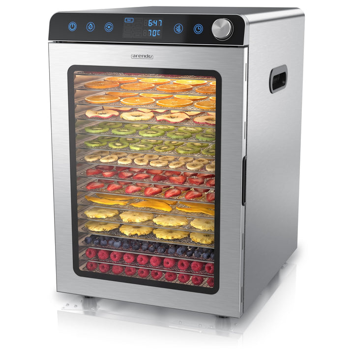 Arendo - Dörrautomat Edelstahl mit 16 Edelstahlgitter - 1000 Watt - 13400 cm² - 8 Programme - Dörrge