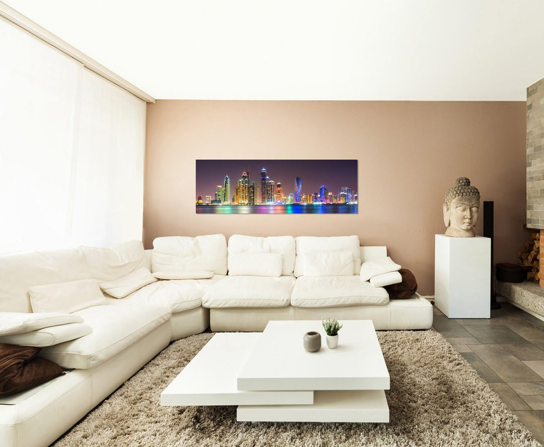 Paul Sinus Art Panoramabild auf Leinwand und Keilrahmen 150x50cm Dubai Skyline Wasser Nacht Lichter
