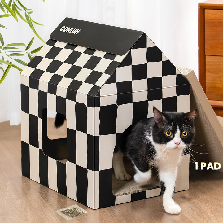Conlun Katzenhaus mit Kratzbrett &amp; Katzenminze, Leicht zu Montieren - Kratzhöhle für Wohnungskatzen,