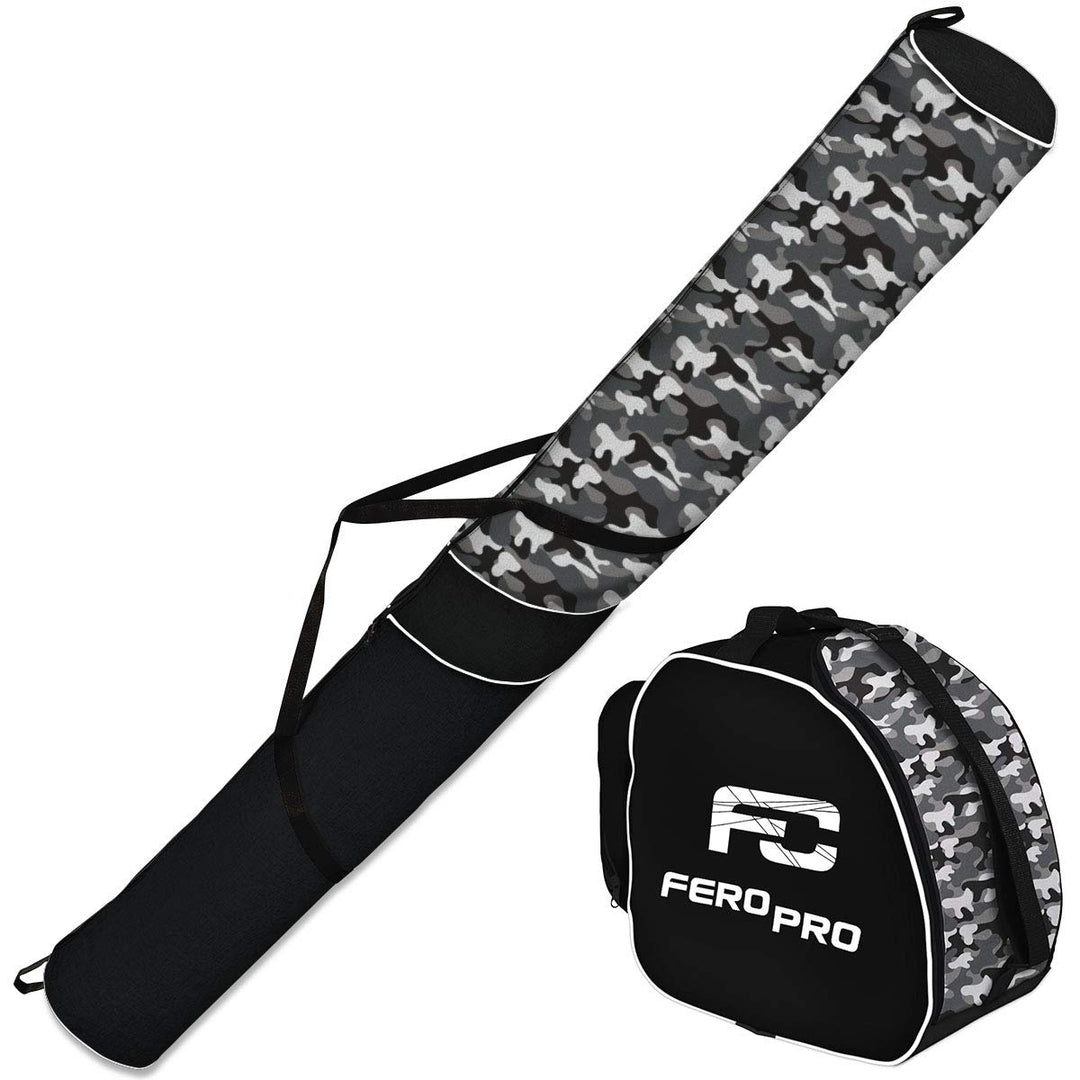 Ferocity Premium Set Skitasche und Skischuhtasche für 1 Paar Ski-Stöcke-Schuhe-Helm [053] Tarnfarbe,