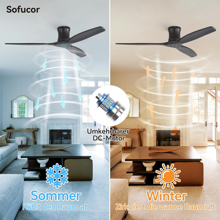 Sofucor 132cm Deckenventilator mit Fernbedienung, Massivholz Deckenventilator ohne Licht, Leise DC M