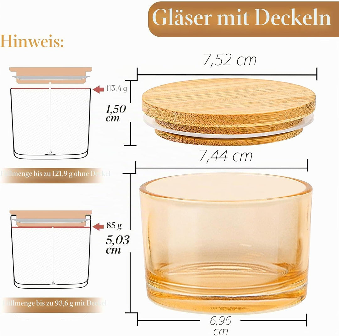CONNOO 15 Stück 120 ml Amberfarbene Kerzengläser mit luftdichten Bambusdeckeln zum Kerzenmachen, wei