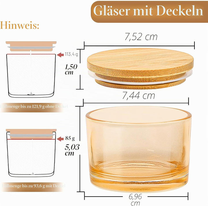 CONNOO 15 Stück 120 ml Amberfarbene Kerzengläser mit luftdichten Bambusdeckeln zum Kerzenmachen, wei