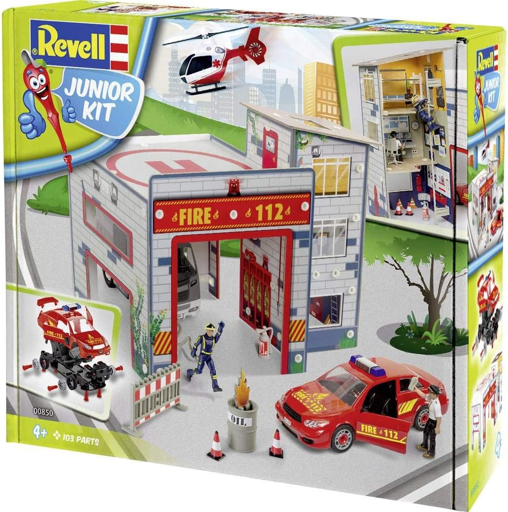 Revell Junior Kit 00850 Spielset Feuerwache, mit bespielbarer Feuerwehrstation, Auto, Figuren und Zu