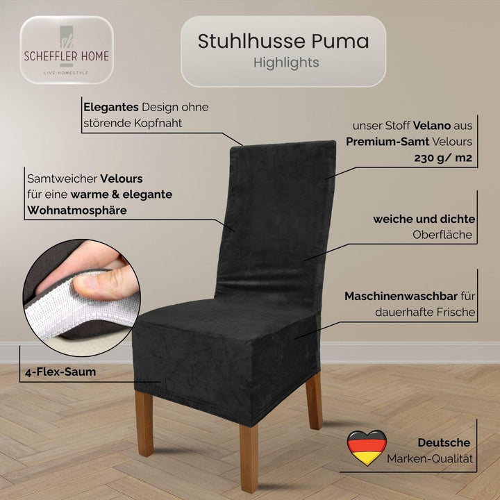 SCHEFFLER-Home Stretch Stuhlhussen Samt Puma Velvet/Velours Stuhlhussen Schwarz 4er Set/Stuhlabdecku