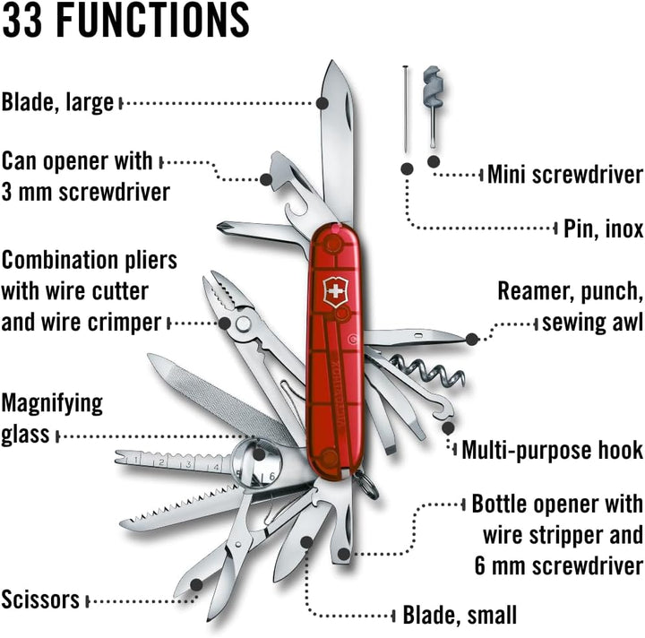 Victorinox Taschenmesser Swiss Champ (33 Funktionen: Metallfeile, Mini-Schraubendreher) rot Rot Tran