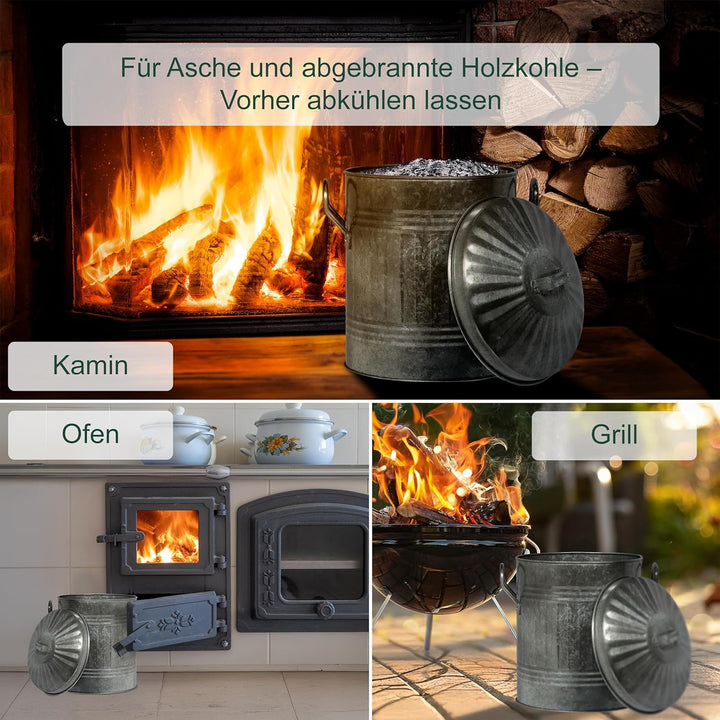 Relaxdays Ascheeimer mit Deckel, Griffen, 10 Liter, verzinktes Eisen, Aschetonne für Kohle & Asche,
