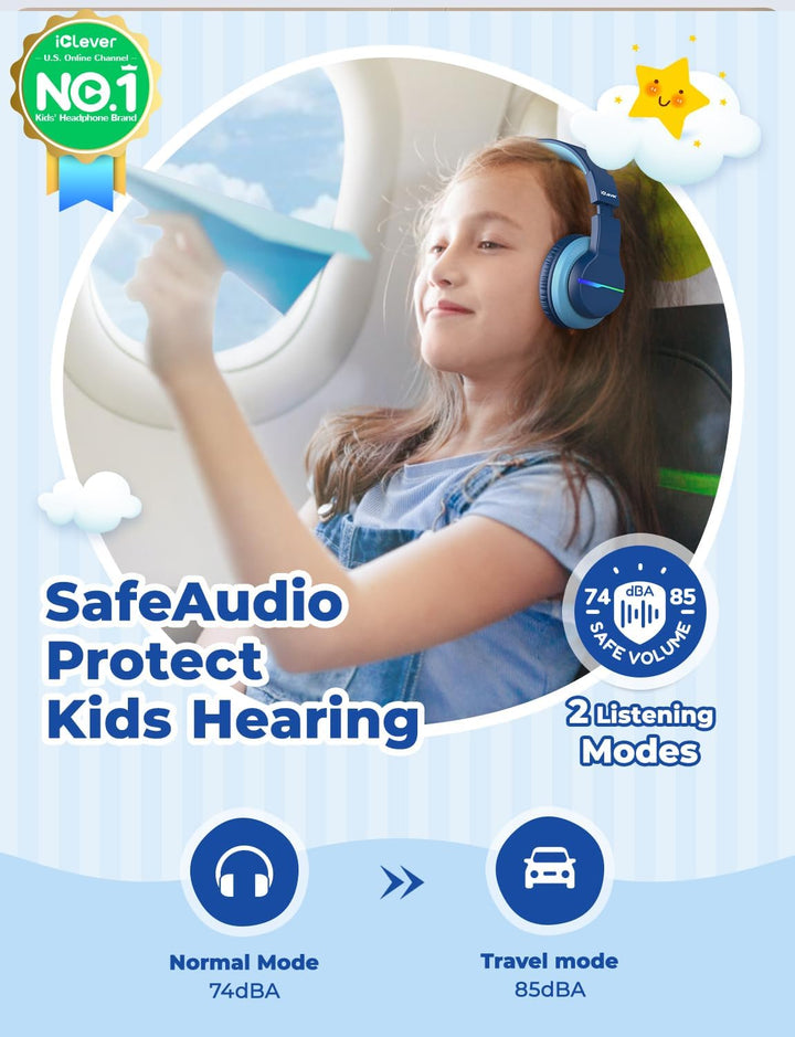iClever Bluetooth Kinder Kopfhörer, Farbige LED-Leuchten, Kinderkopfhörer Over-Ear mit 74/85/94dB La