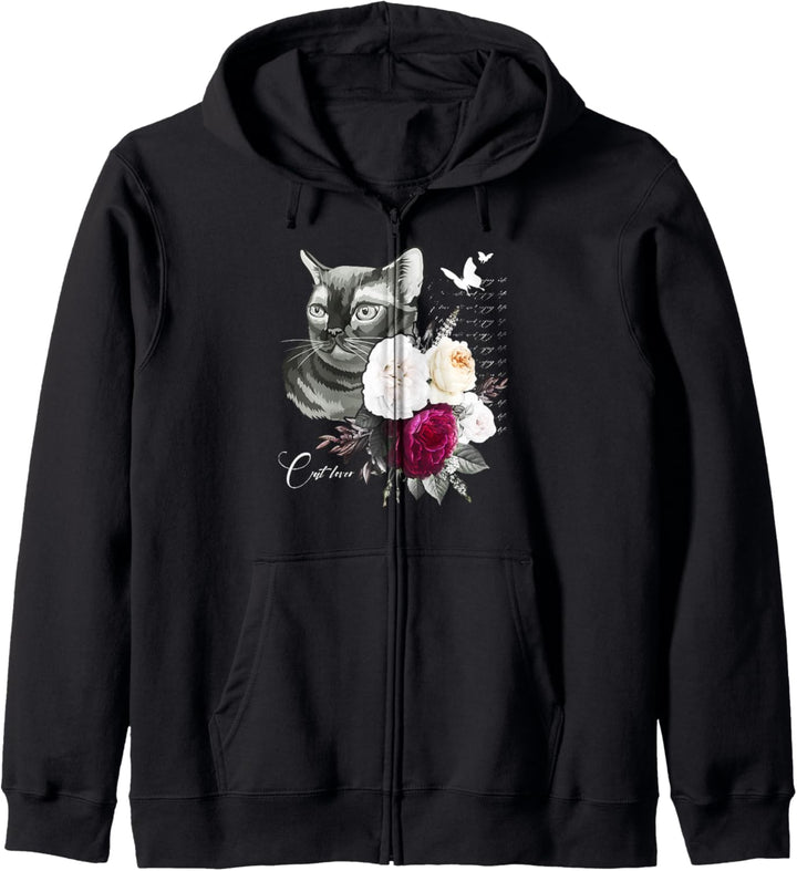 Katze mit Rosen und Schmetterlingen, Women Floral Kapuzenjacke