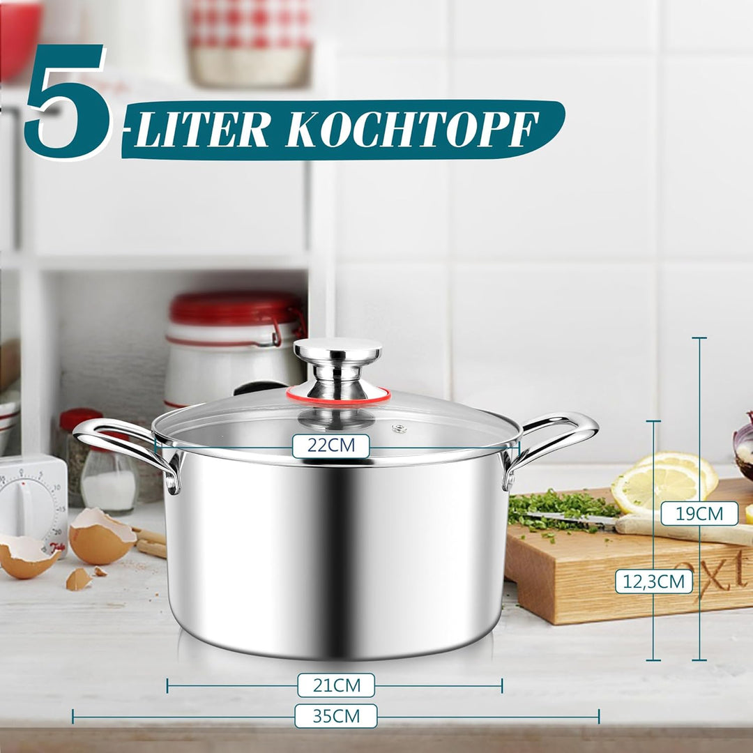 Joyfair Kochtopf, 22cm Premium 3-Lagiger Edelstahl Nudeltopf mit Glasdeckel, 5L Kochtopf Induktion S