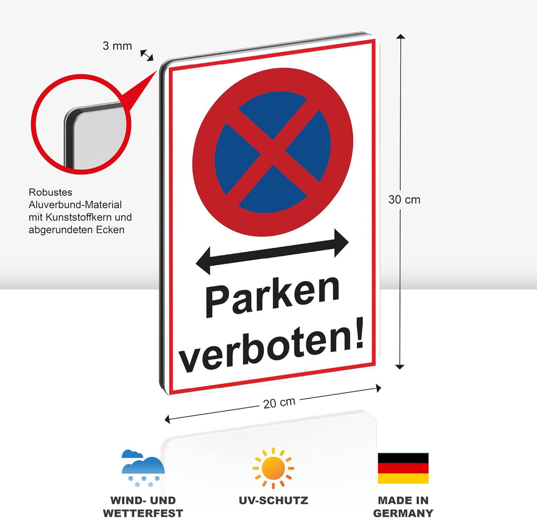 5 Stück Absolutes Halteverbot Schild 20 x 30 cm Alu 3mm Alu-Dibond stabile Aluminiumverbundplatte pa
