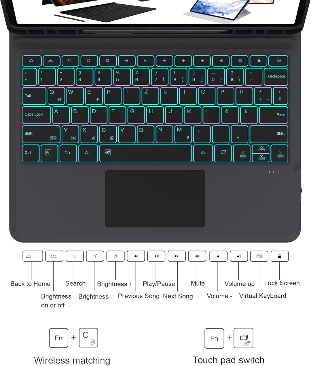 ROOFEI Galaxy Tab S7 FE/S8+/S7+ Hülle mit Tastatur QWERTZ : 7-Farbige Beleuchtung Tastatur mit Track