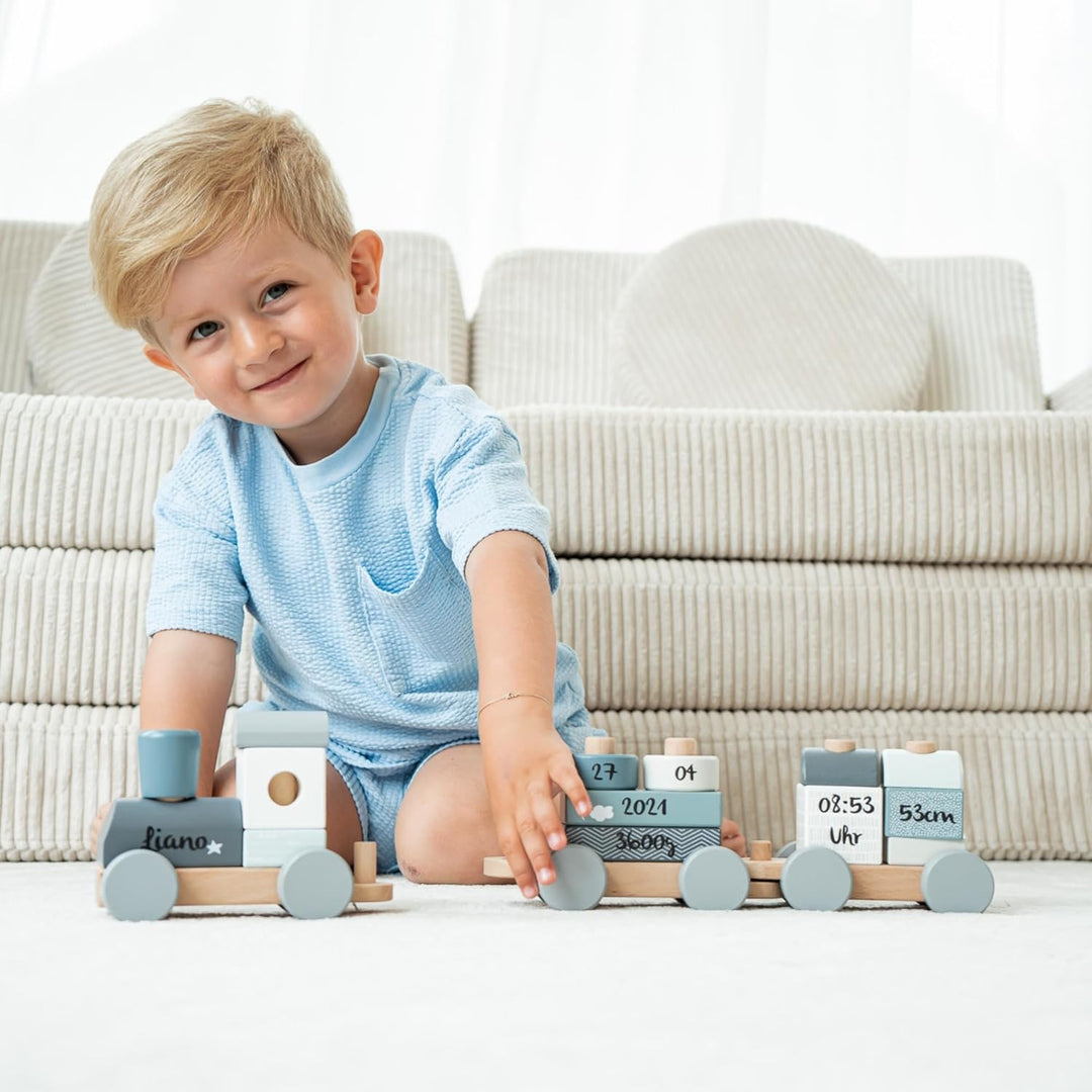 Personalisierte Holzeisenbahn blau - Personalisierte Geschenke Baby I Steckspielzeug I Geschenk zur