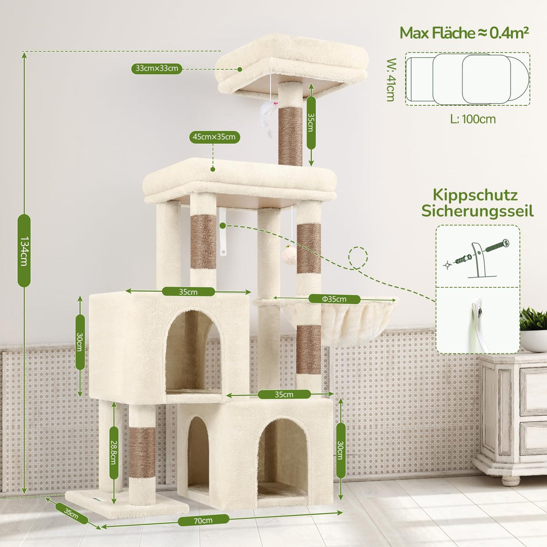 Globlazer Kratzbaum Beige mit 2 Katzenhaus, Grosse Gepolsterte Plattform, Sitzstangen, Katzenkorb, S