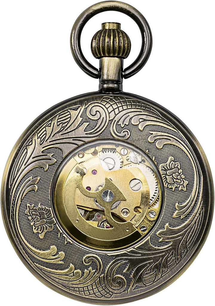 TREEWETO Unisex Taschenuhr mit Kette Analog Handaufzug Antik Skelett Römische Ziffern Bronze