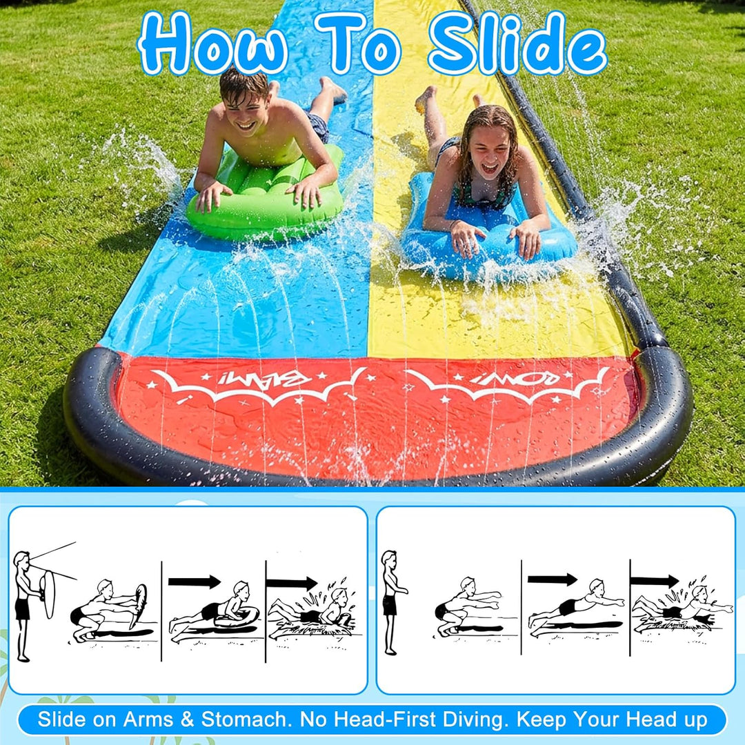 Mineup 480 x 140cm Wasserrutsche Garten, Wasserrutschmatte mit 2 Bodyboards, Doppelrutsche mit Einge