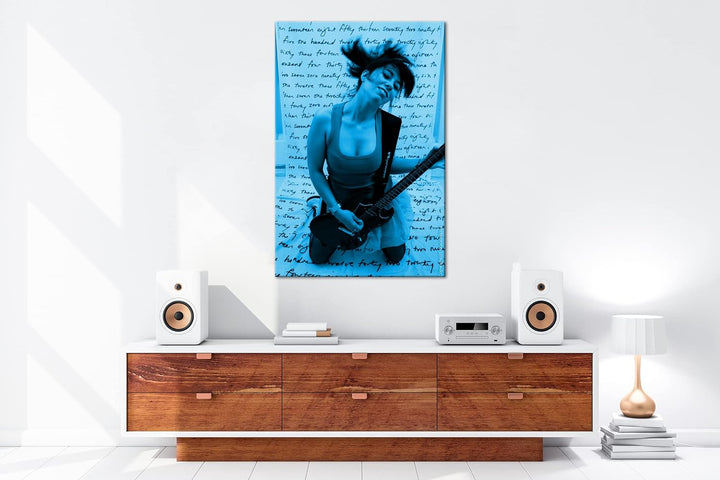 deyoli Sexy Gitarrenspielerin Format 80x60 Effekt: Monocrome Blau als Leinwandbild, Motiv fertig ger