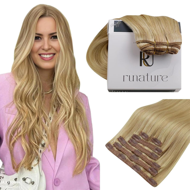 RUNATURE Clip Echthaar Extensions Gold Blond mit Hellblond Clip in Haarverlängerung Remy Echthaar Cl
