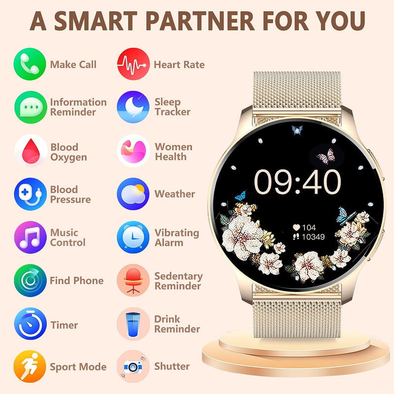Erkwei Smartwatch Damen mit Telefonfunktion 1,32" Touchscreen Fitnessuhr mit Schrittzähler Herzfrequ