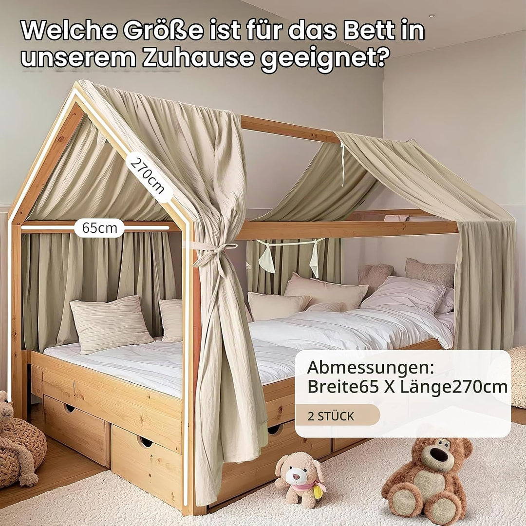 Hausbetthimmel 2 Stück, handgefertigt aus 100% Baumwoll-Musselin, Stoffhimmel zur Hausbettdekoration