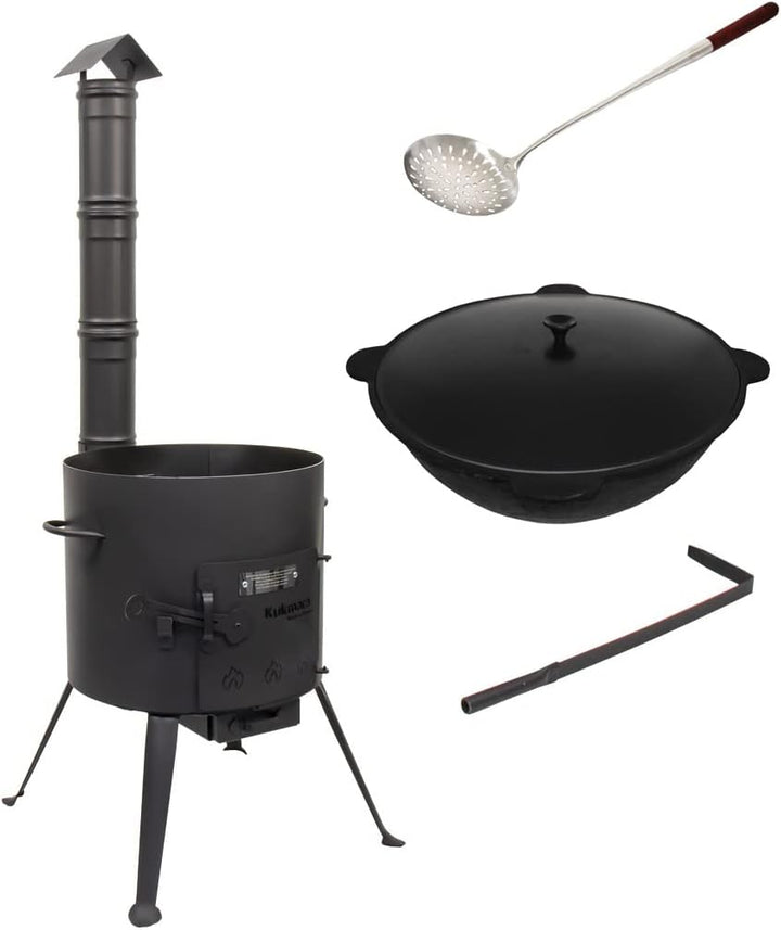 Kukmara Utschak mit Abzugs-Rohr, 45cm + 16 Liter Gusseisen Kazan INNEN GLATT + 50cm Schaumlöffel - F