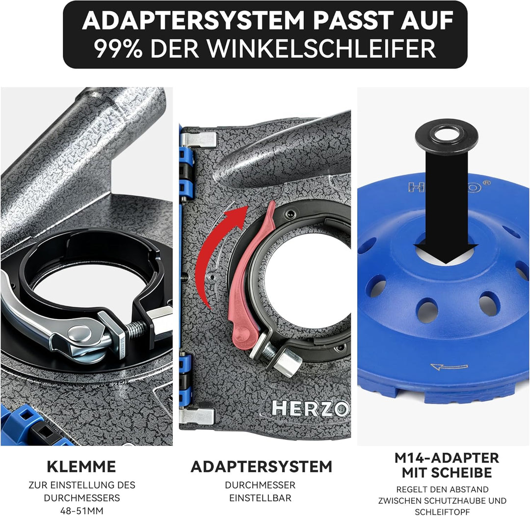 HERZO Absaughaube Set für Winkelschleifer inklusive 125mm DiamantSchleiftopf - robuste Aluminiumkons