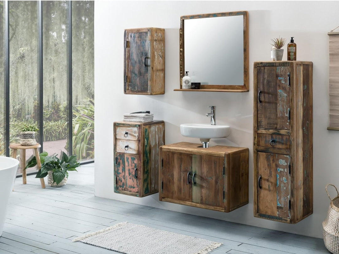 Woodkings® Bad Waschbeckenunterschrank Kalkutta recyceltes Holz bunt rustikal Waschtischunterschrank