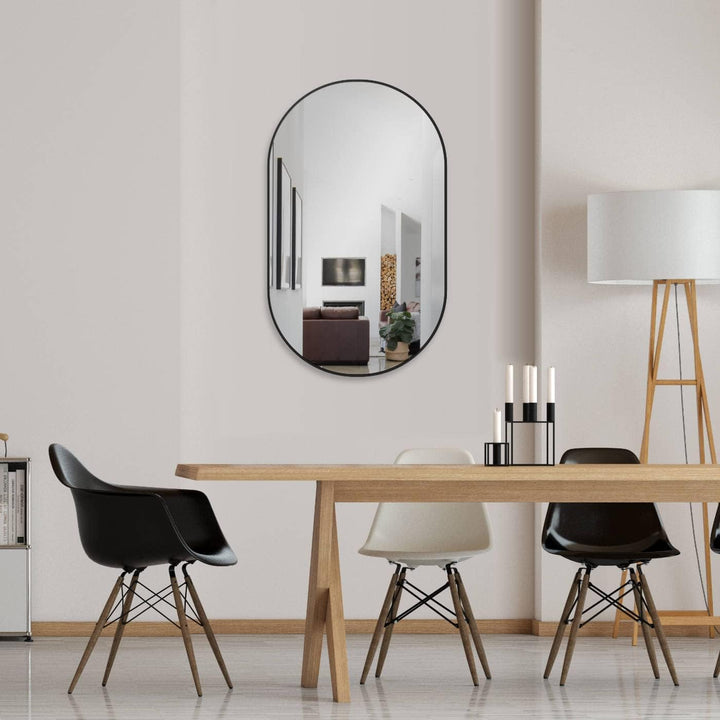 HOKO® Design Wandspiegel oval 45 x 75 cm mit Metall Rahmen Matt Schwarz. HOCH und QUER Montage mögli