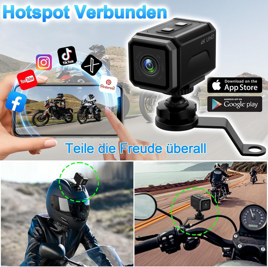Action Cam WiFi, 4K Stabilisierung Hotspot Actionkameras, 8-Stunden-Akku & 140° Weitwinkel Helmkamer