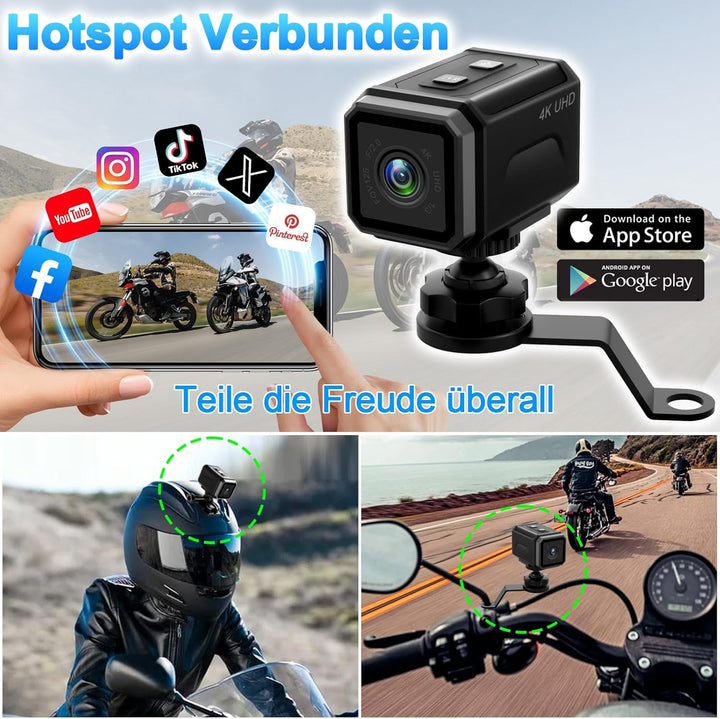 Action Cam WiFi, 4K Stabilisierung Hotspot Actionkameras, 8-Stunden-Akku & 140° Weitwinkel Helmkamer