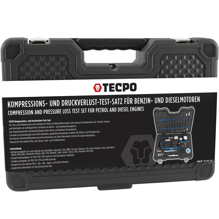 TECPO Profi Kompressionstester Druckverlust Tester Motoren Prüfer kompatibel mit Diesel- und Benzinm