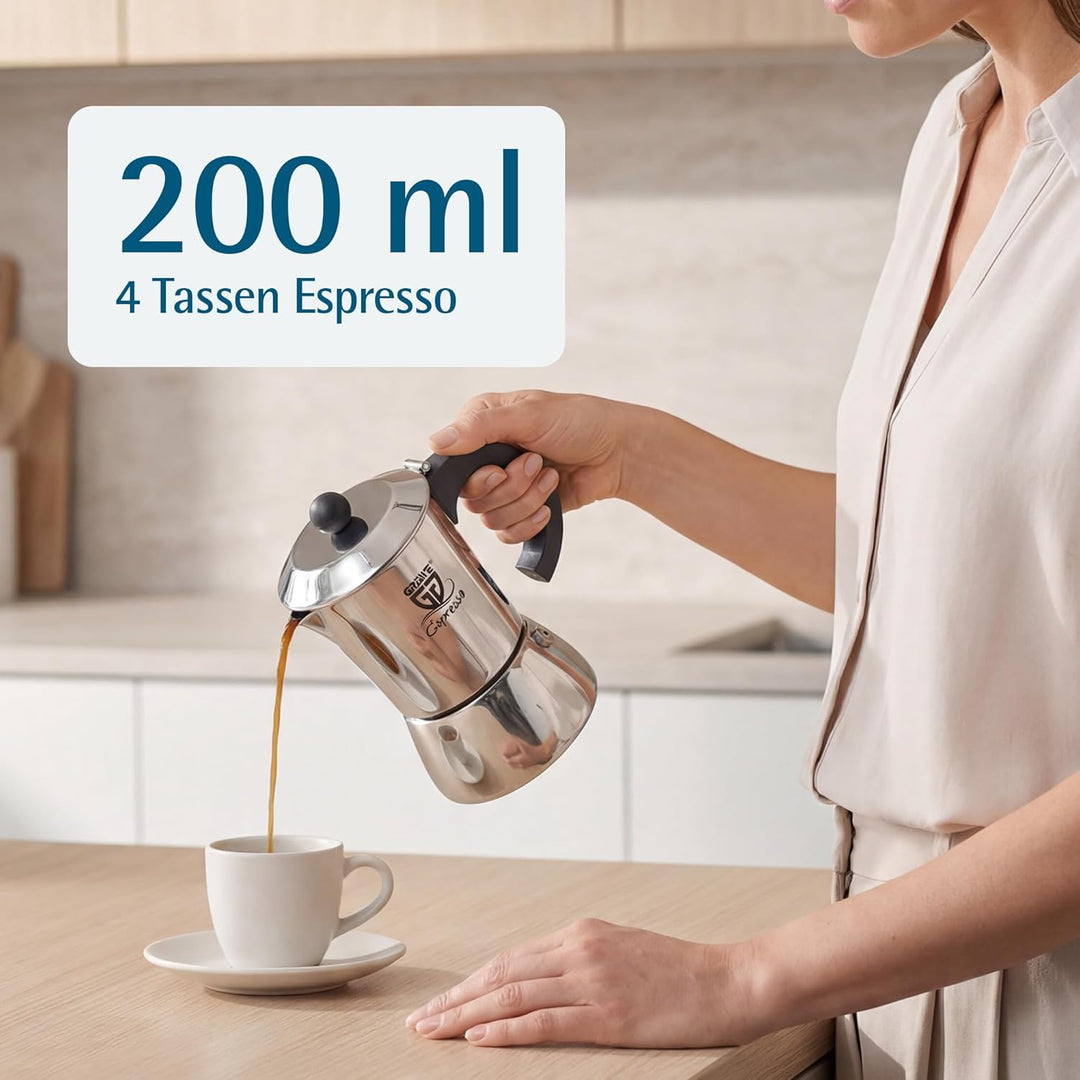 GRÄWE Espressokocher Induktion geeignet, Espressokanne aus Edelstahl für 4 Tassen, Klassischer Espre