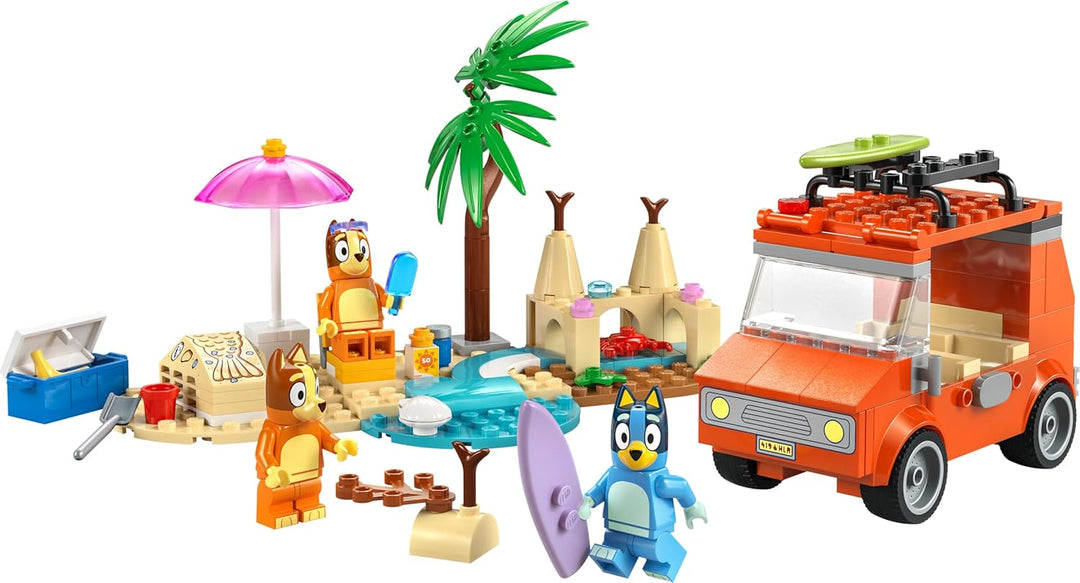 LEGO Bluey: Bluey's Beach & Family Car Trip Toy with 3 Minifigures incl. Bingo & Chilli, Plus 2 Surf