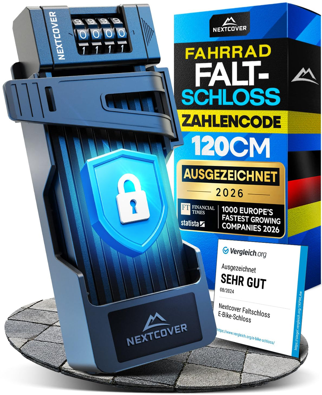 NEXTCOVER® Faltschloss Fahrrad FoldOne mit Zahlencode FoldBasic 120 cm I Zahlenschloss mit SteelSecu