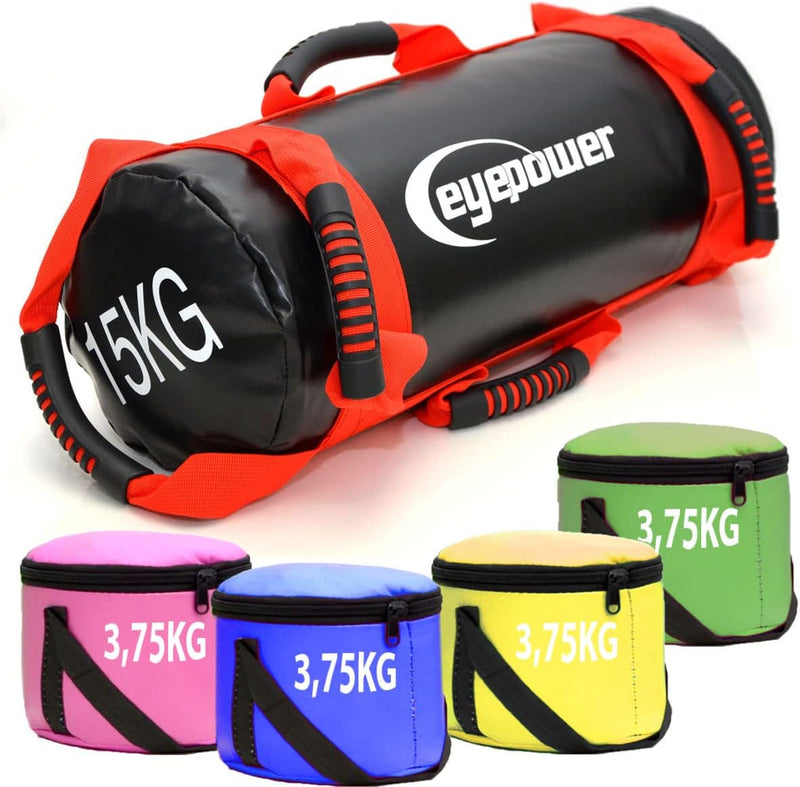 EYEPOWER 15kg Power Bag + 4 Kettlebell Gewichte - Befüllt mit Eisensand - Besser als Geräte: 6 Griff