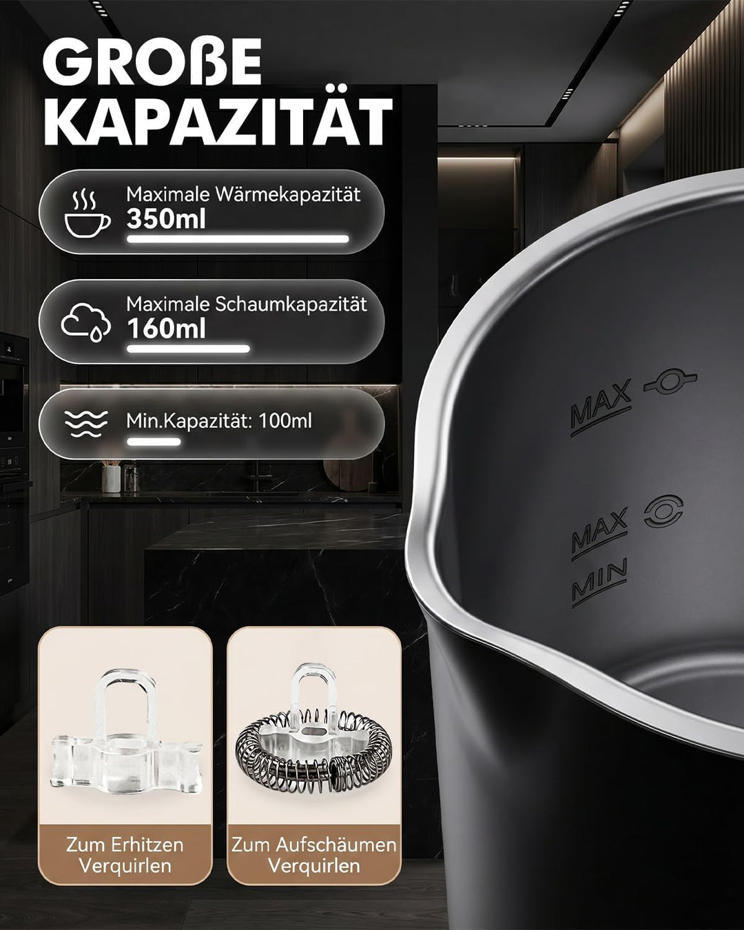 Milchaufschäumer Elektrisch 4-in-1, 350ml Automatischer Milchaufschäumer für Heisser und Kalter Milc
