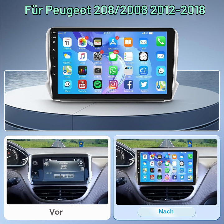 Podofo Autoradio für Peugeot 208/2008 2012-2018, 10.1" Touchscreen Android Radio mit Mirror Link, Bl